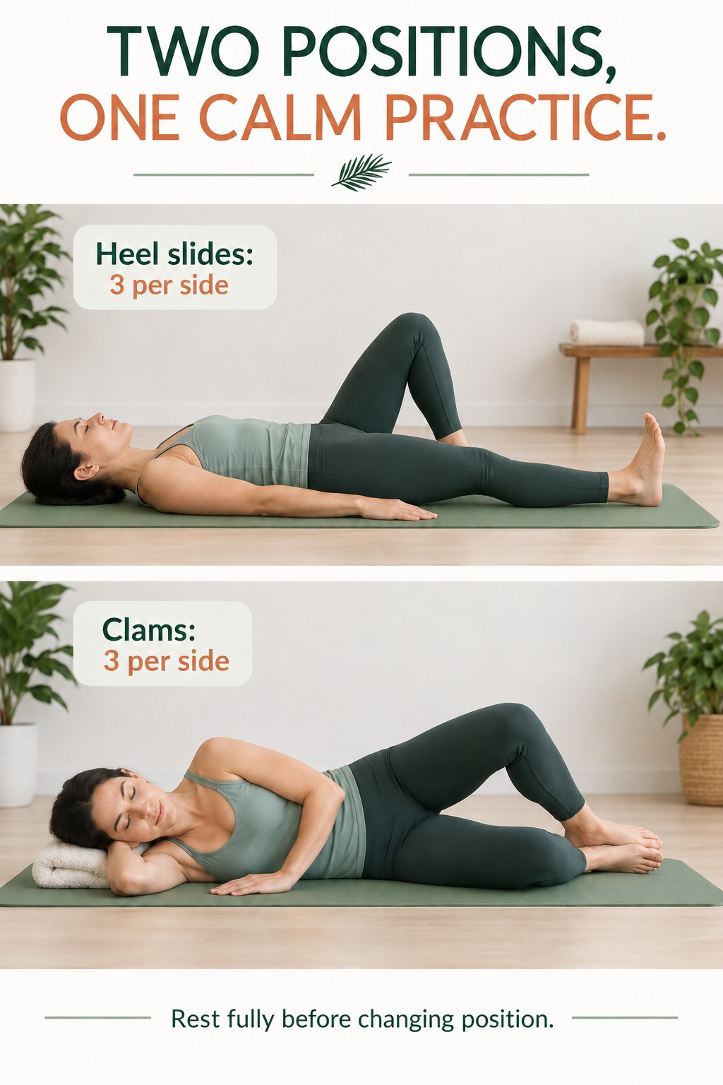 Two Pilates panels show a grounded heel slide and a small side-lying clam with supported head and relaxed posture.