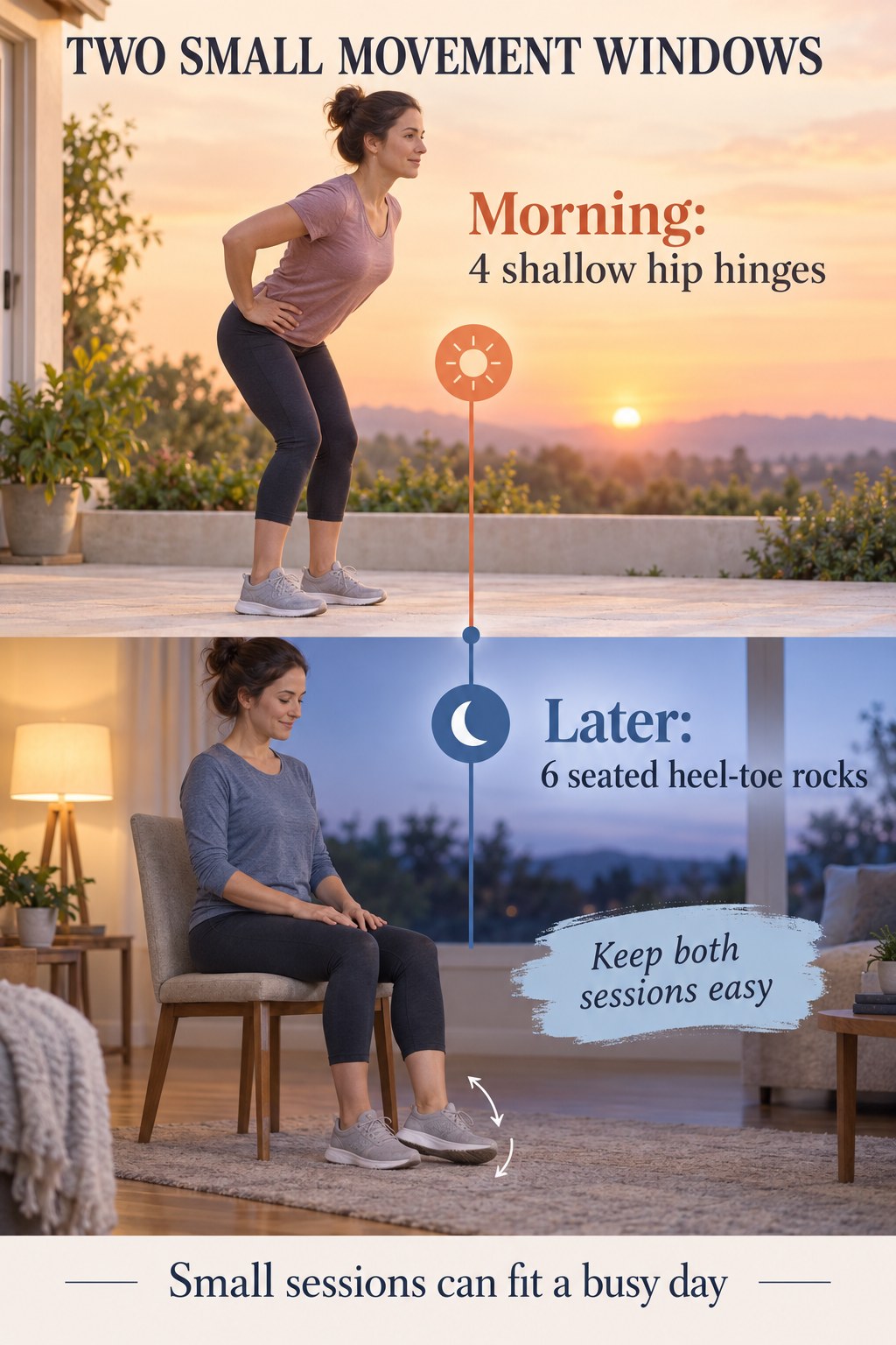 A split morning-and-evening poster shows shallow hip hinges above seated heel-toe rocks connected by a simple daily timeline.