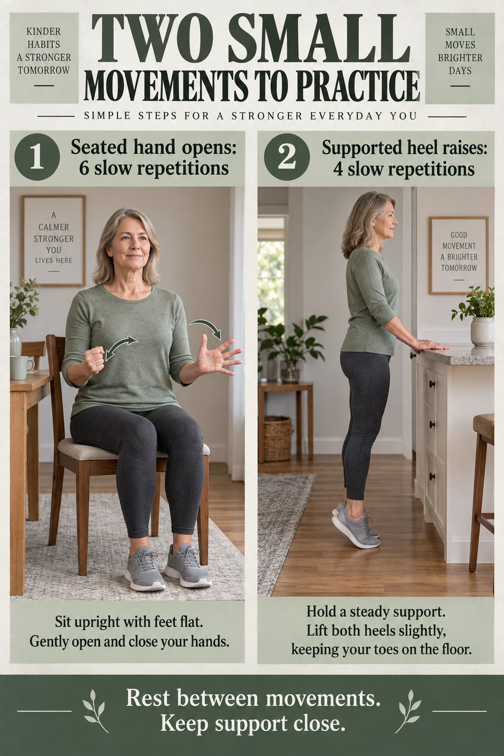 Two panels show seated hand opening and small supported heel raises at a fixed kitchen counter.