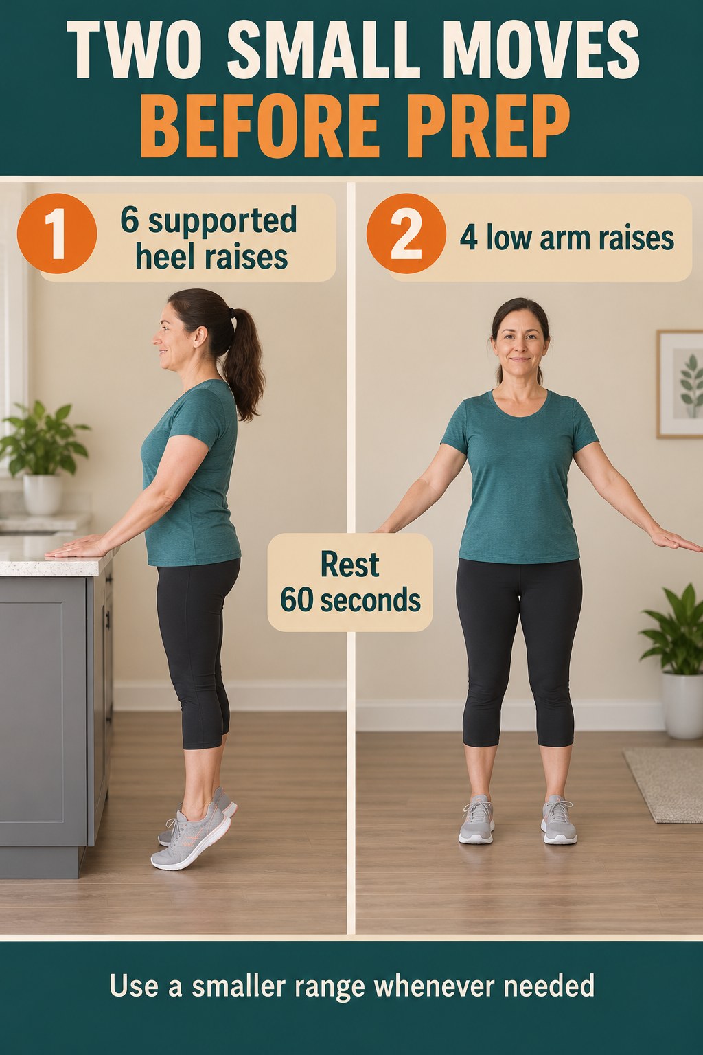 Two photos show a woman doing supported heel raises and low arm raises, separated by a clear sixty-second rest reminder.