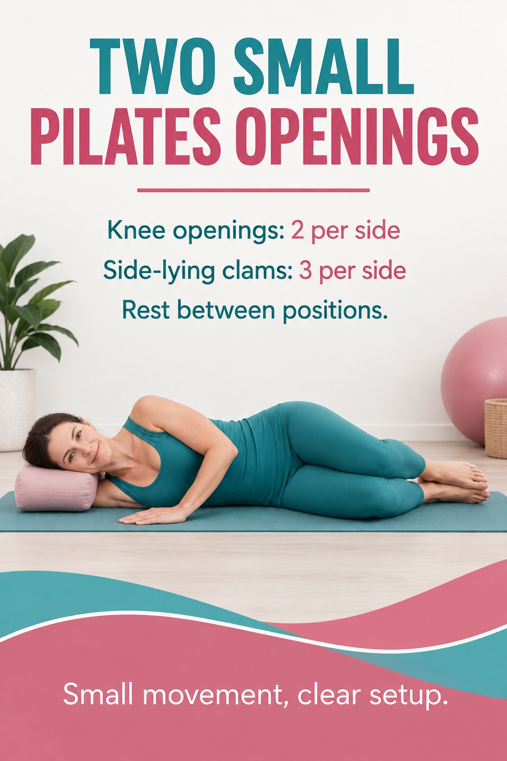 Woman resting on her side on a mat with knees bent, feet together, and head supported by a small cushion.