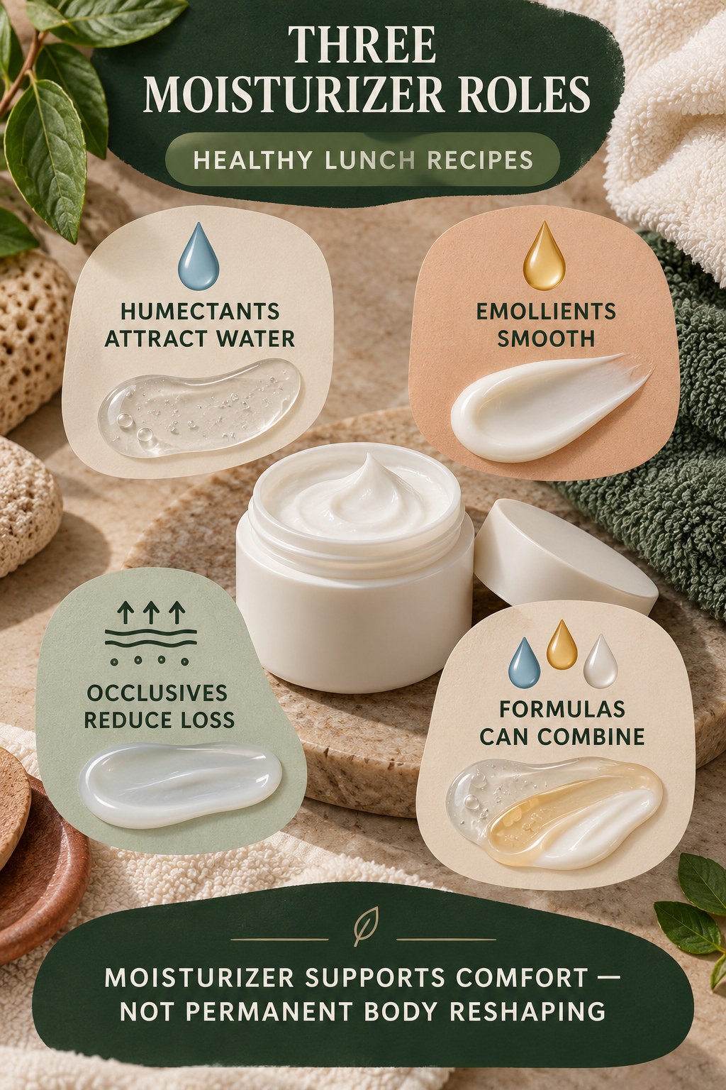 Understand Humectants Emollients and Occlusives body-moisturization infographic for Healthy Lunch Recipes with four body-neutral comfort actions.