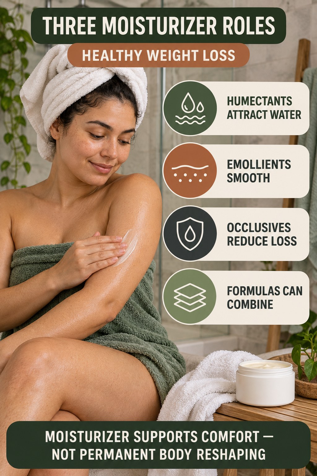 Understand Humectants Emollients and Occlusives body-moisturization infographic for Healthy Weight Loss with four body-neutral comfort actions.