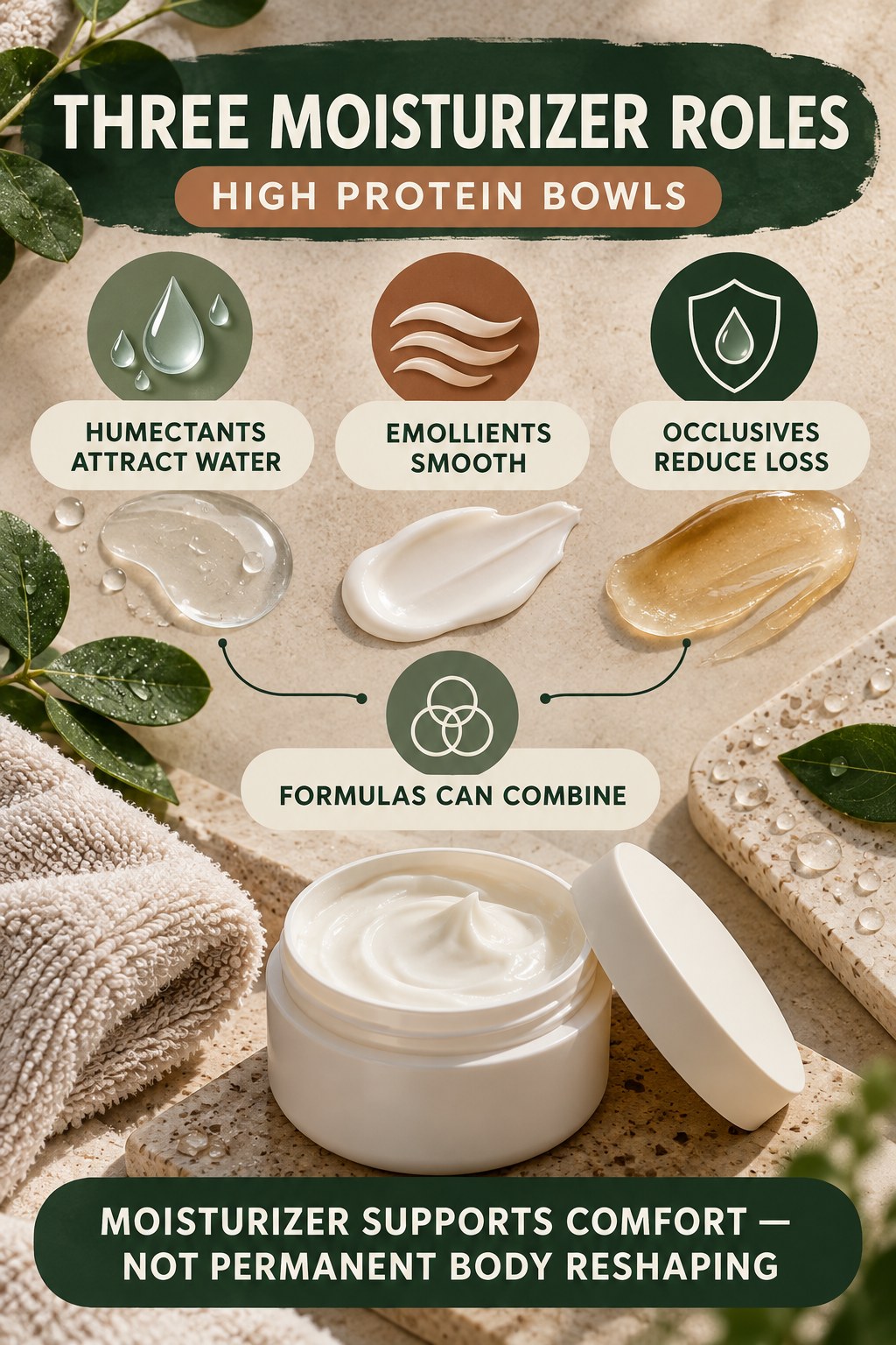 Understand Humectants Emollients and Occlusives body-moisturization infographic for High Protein Bowls with four body-neutral comfort actions.