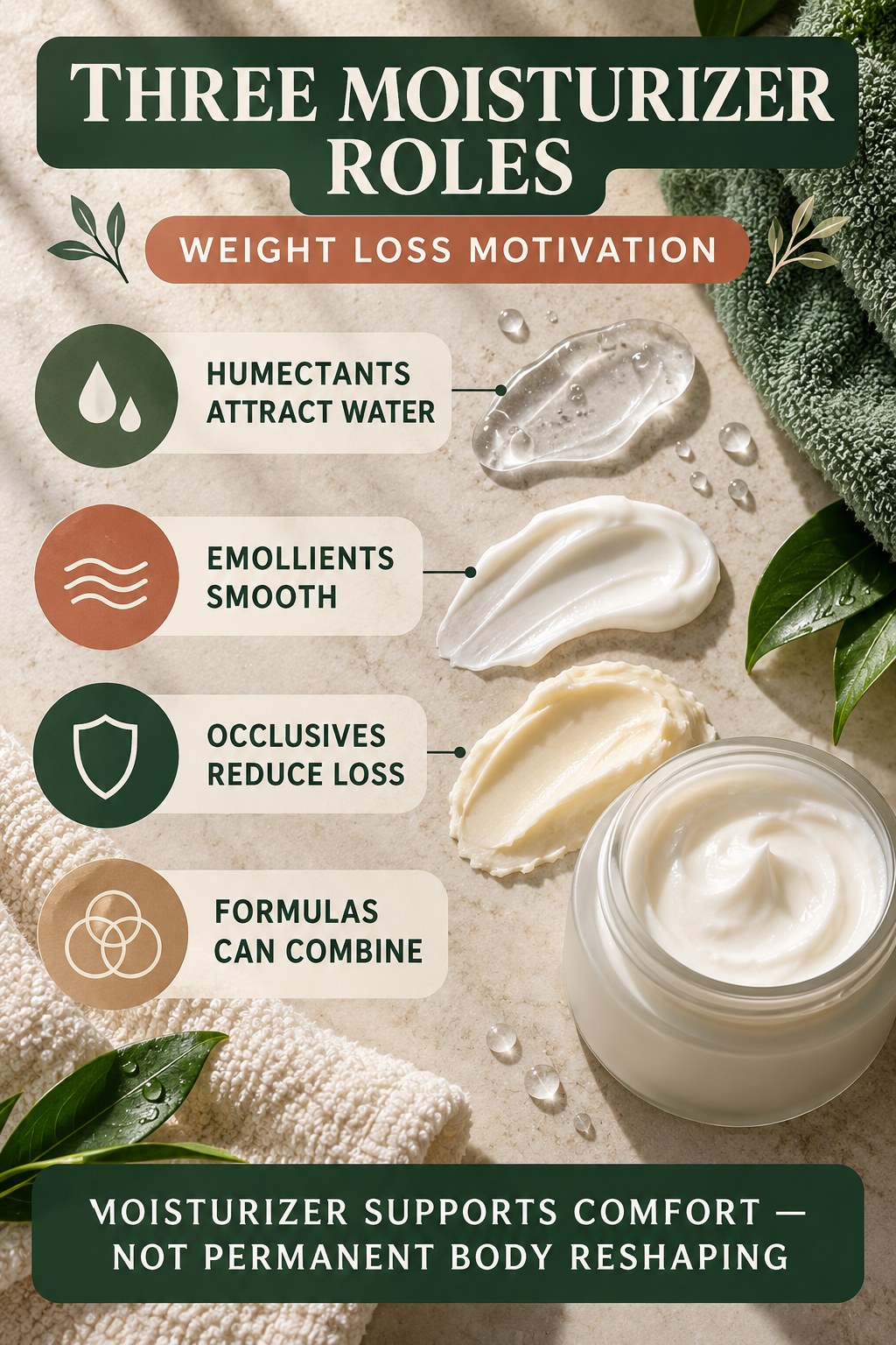 Understand Humectants Emollients and Occlusives body-moisturization infographic for Weight Loss Motivation with four body-neutral comfort actions.