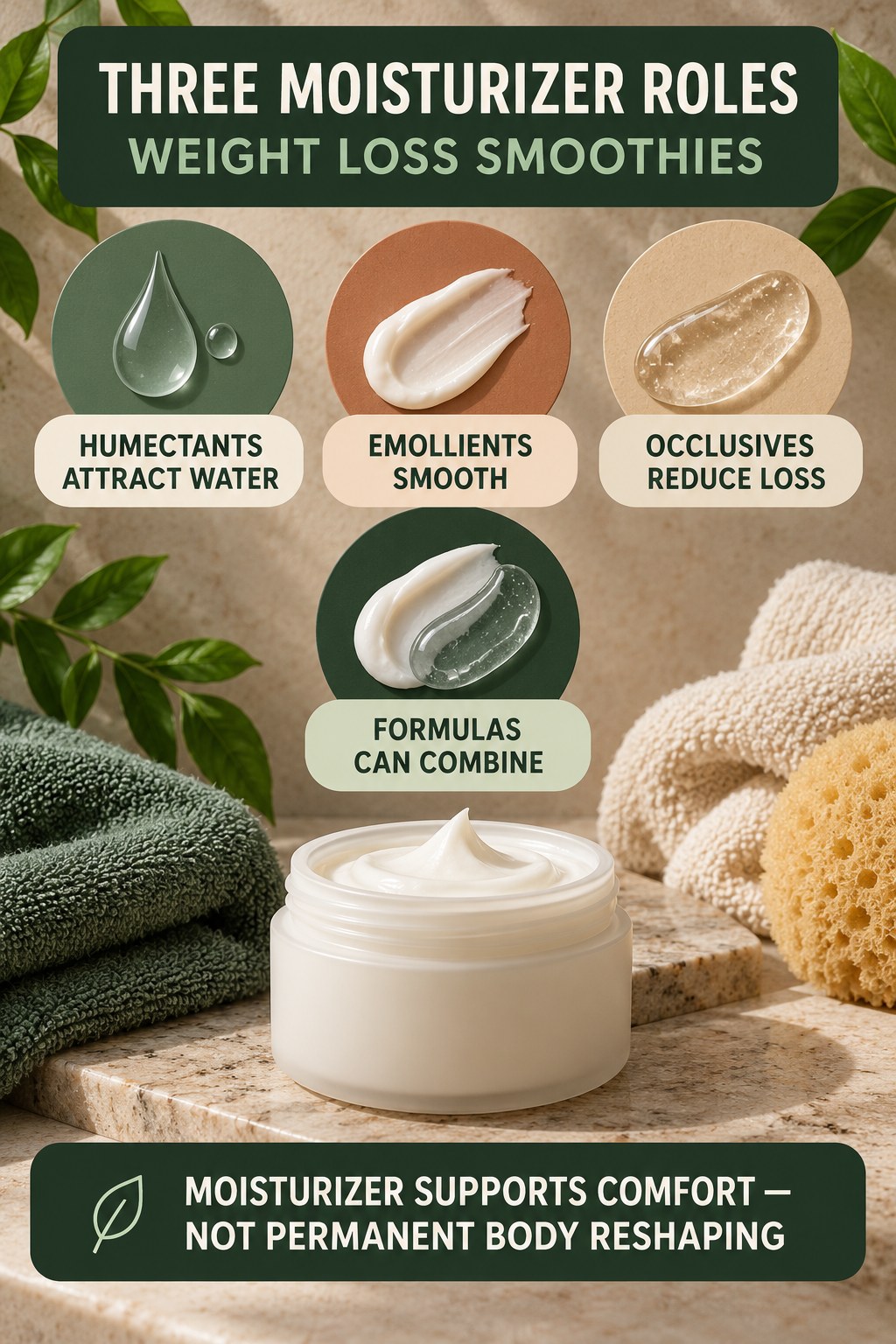 Understand Humectants Emollients and Occlusives body-moisturization infographic for Weight Loss Smoothies with four body-neutral comfort actions.
