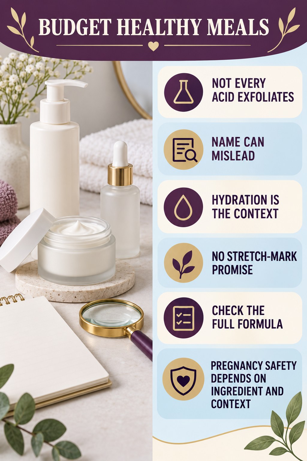 Understand Why Hyaluronic Acid Is Not an Exfoliating Acid pregnancy skincare ingredient-question infographic for Budget Healthy Meals with four careful label-review points.