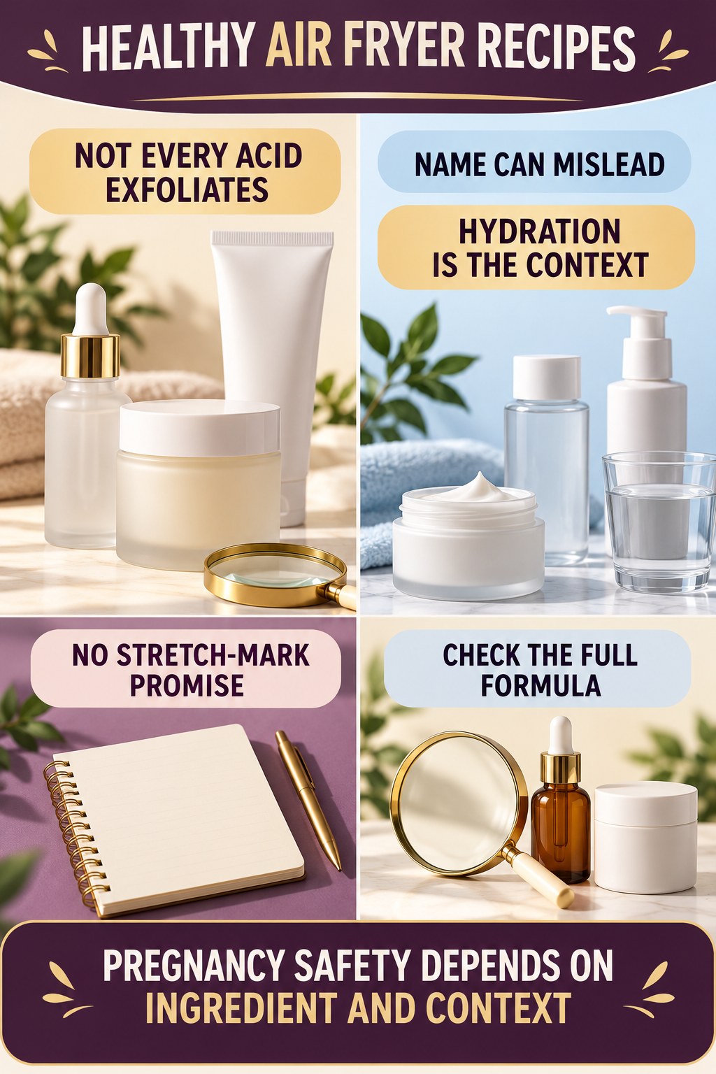 Understand Why Hyaluronic Acid Is Not an Exfoliating Acid pregnancy skincare ingredient-question infographic for Healthy Air Fryer Recipes with four careful label-review points.