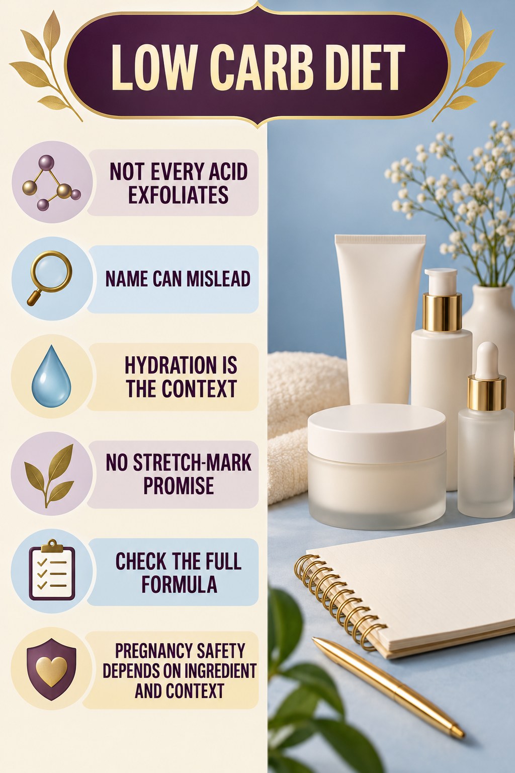 Understand Why Hyaluronic Acid Is Not an Exfoliating Acid pregnancy skincare ingredient-question infographic for Low Carb Diet with four careful label-review points.