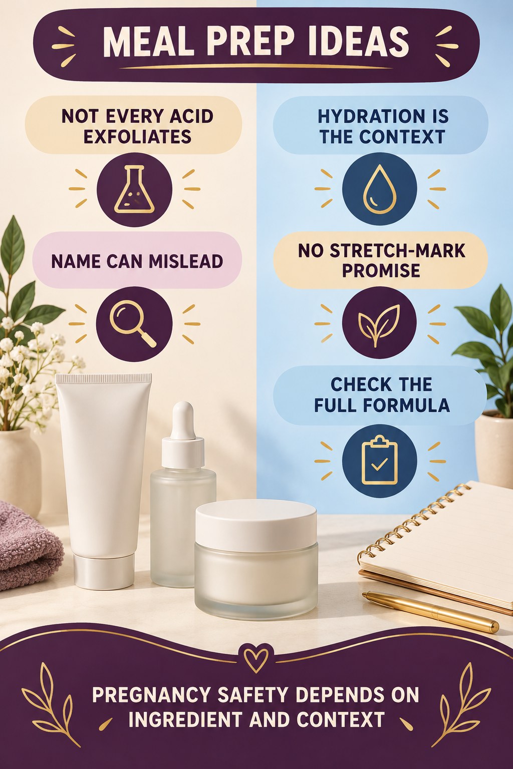 Understand Why Hyaluronic Acid Is Not an Exfoliating Acid pregnancy skincare ingredient-question infographic for Meal Prep Ideas with four careful label-review points.