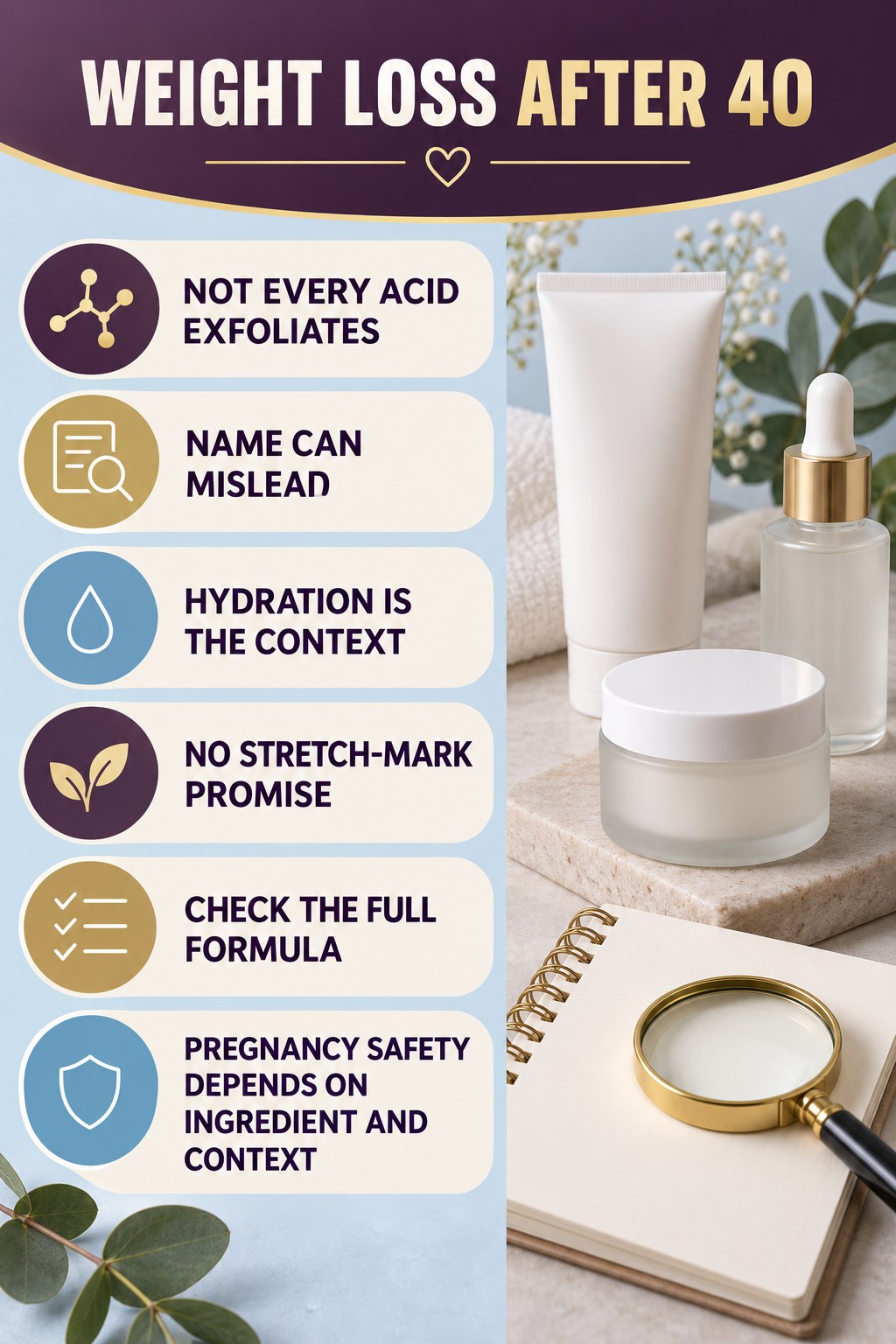 Understand Why Hyaluronic Acid Is Not an Exfoliating Acid pregnancy skincare ingredient-question infographic for Weight Loss After 40 with four careful label-review points.