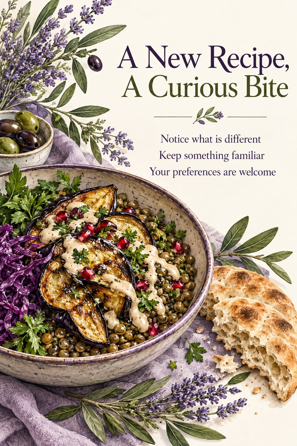 Roasted eggplant and lentil bowl with bread and an invitation to explore a new recipe without pressure.