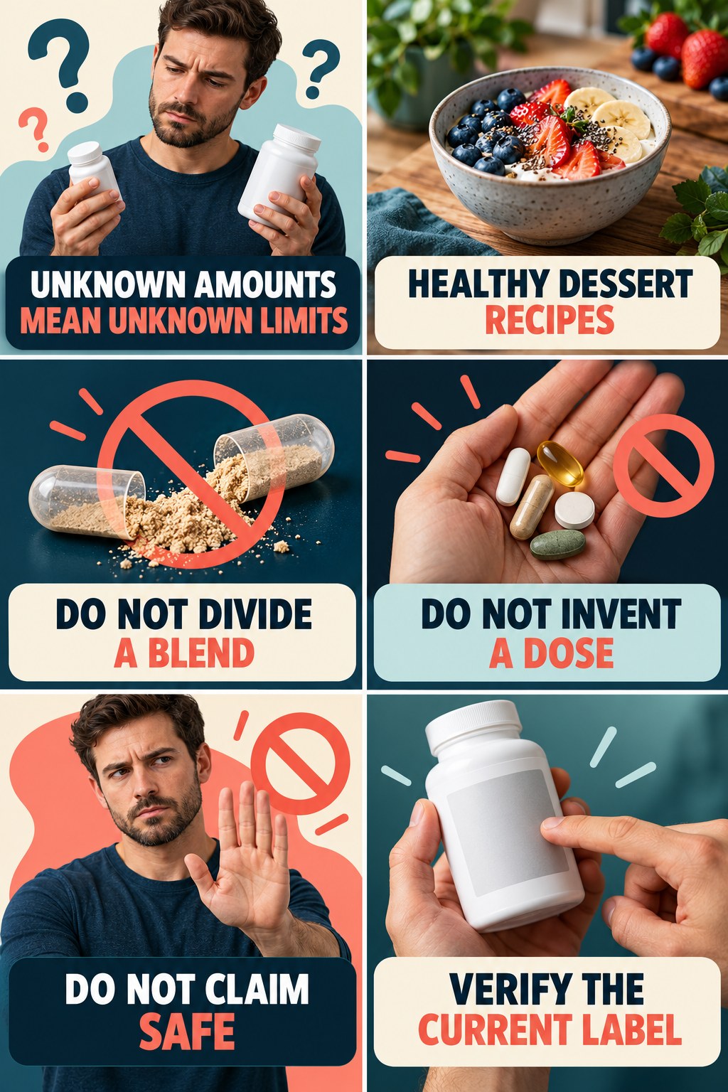 Unknown Ingredient Amounts Prevent Clearance supplement-interaction safety infographic for Healthy Dessert Recipes with four concise review points.