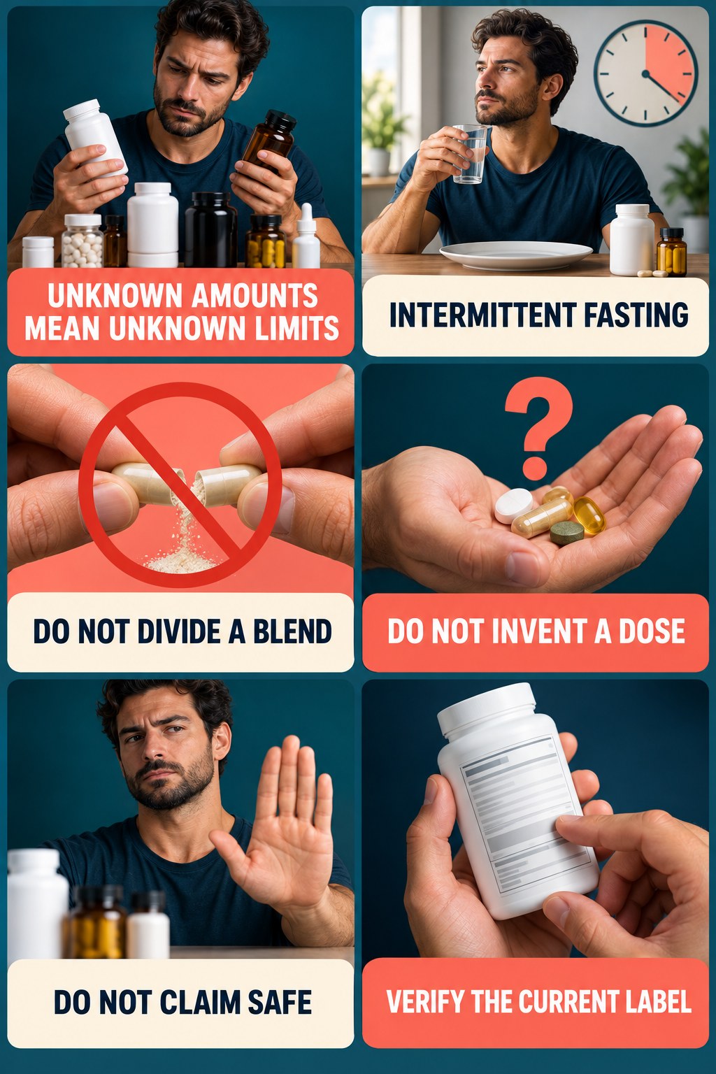 Unknown Ingredient Amounts Prevent Clearance supplement-interaction safety infographic for Intermittent Fasting with four concise review points.