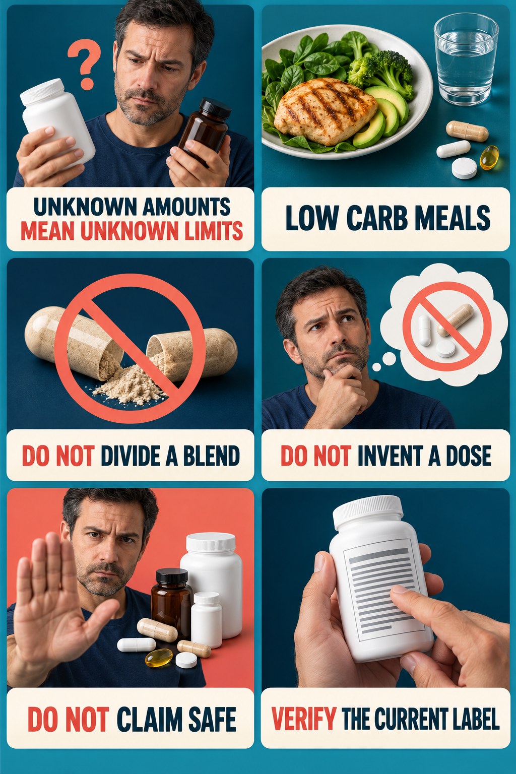 Unknown Ingredient Amounts Prevent Clearance supplement-interaction safety infographic for Low Carb Meals with four concise review points.