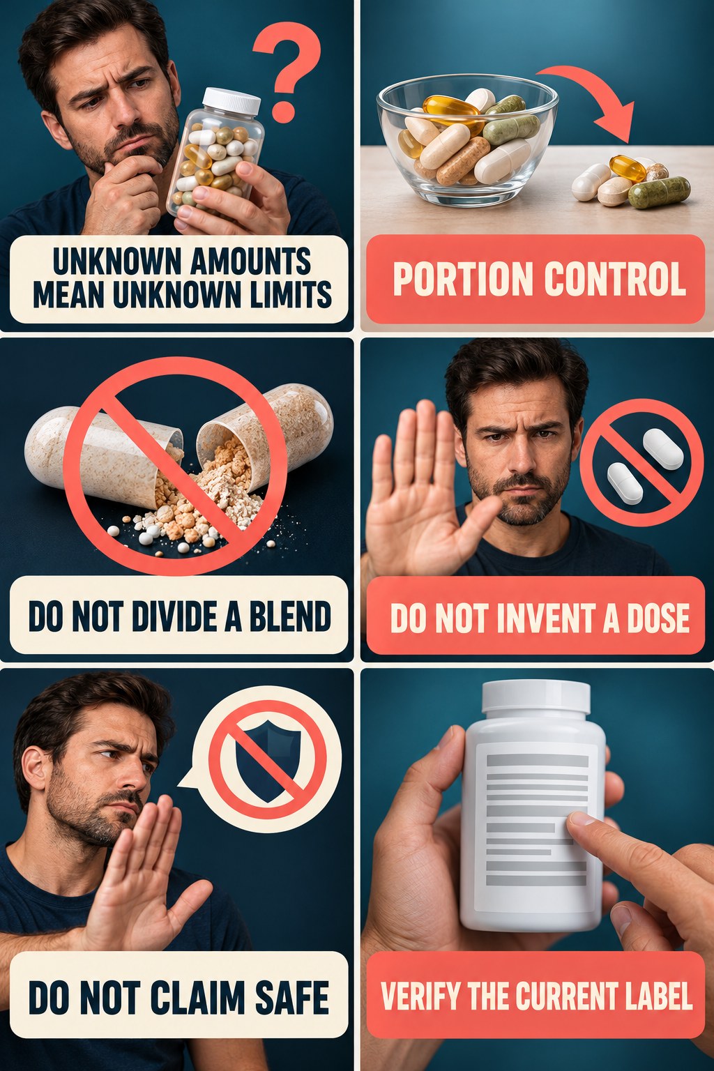 Unknown Ingredient Amounts Prevent Clearance supplement-interaction safety infographic for Portion Control with four concise review points.