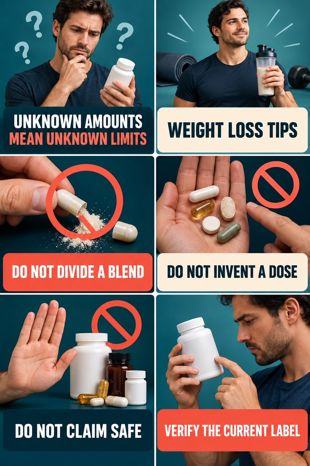 Unknown Ingredient Amounts Prevent Clearance supplement-interaction safety infographic for Weight Loss Tips with four concise review points.
