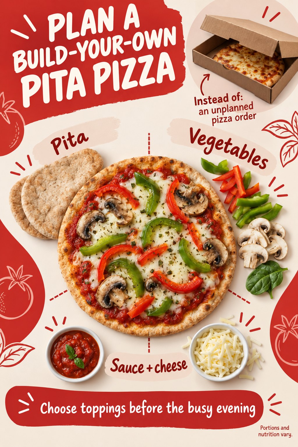 Takeout pizza box beside a veggie pita pizza with sauce, cheese, peppers and mushrooms arranged as a red ingredient wheel.