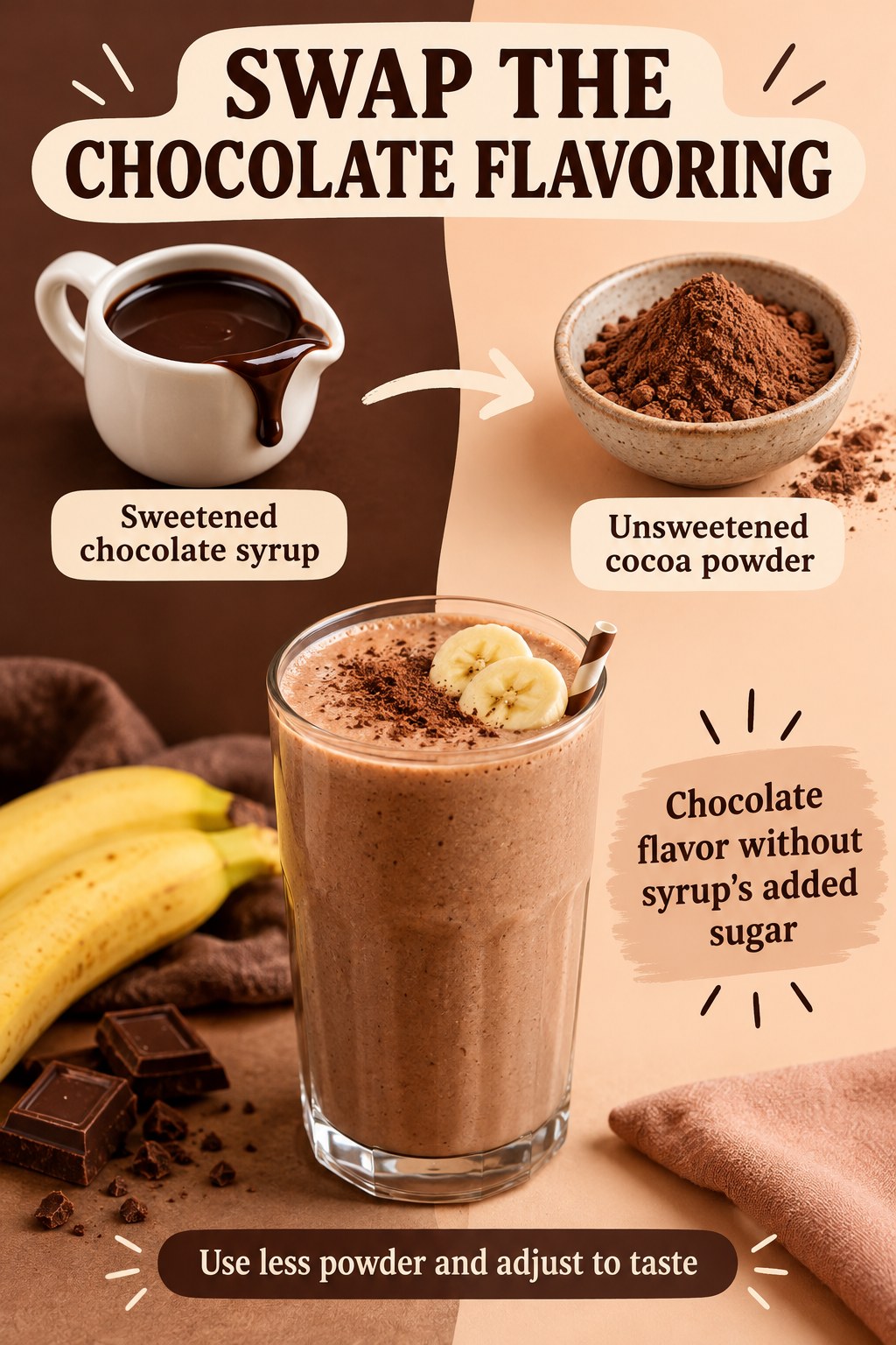 Chocolate smoothie comparison shows sweetened chocolate syrup beside unsweetened cocoa powder with a reminder to adjust to taste.