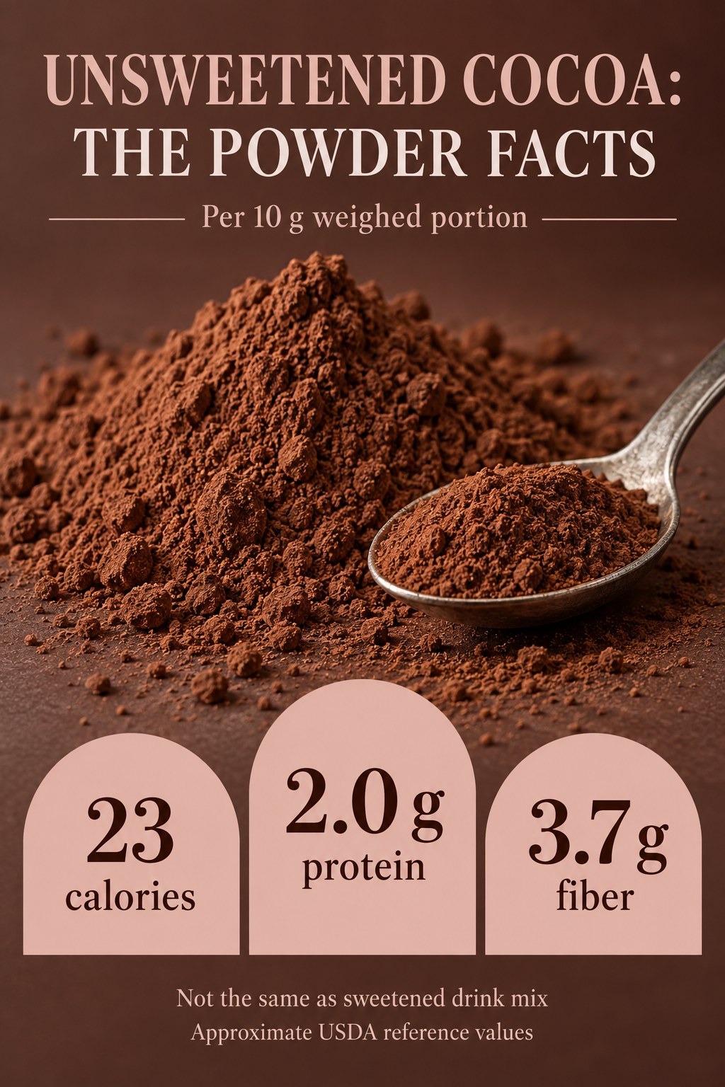 Unsweetened cocoa powder nutrition graphic showing 23 calories, 2.0 g protein, and 3.7 g fiber per weighed 10 g portion.
