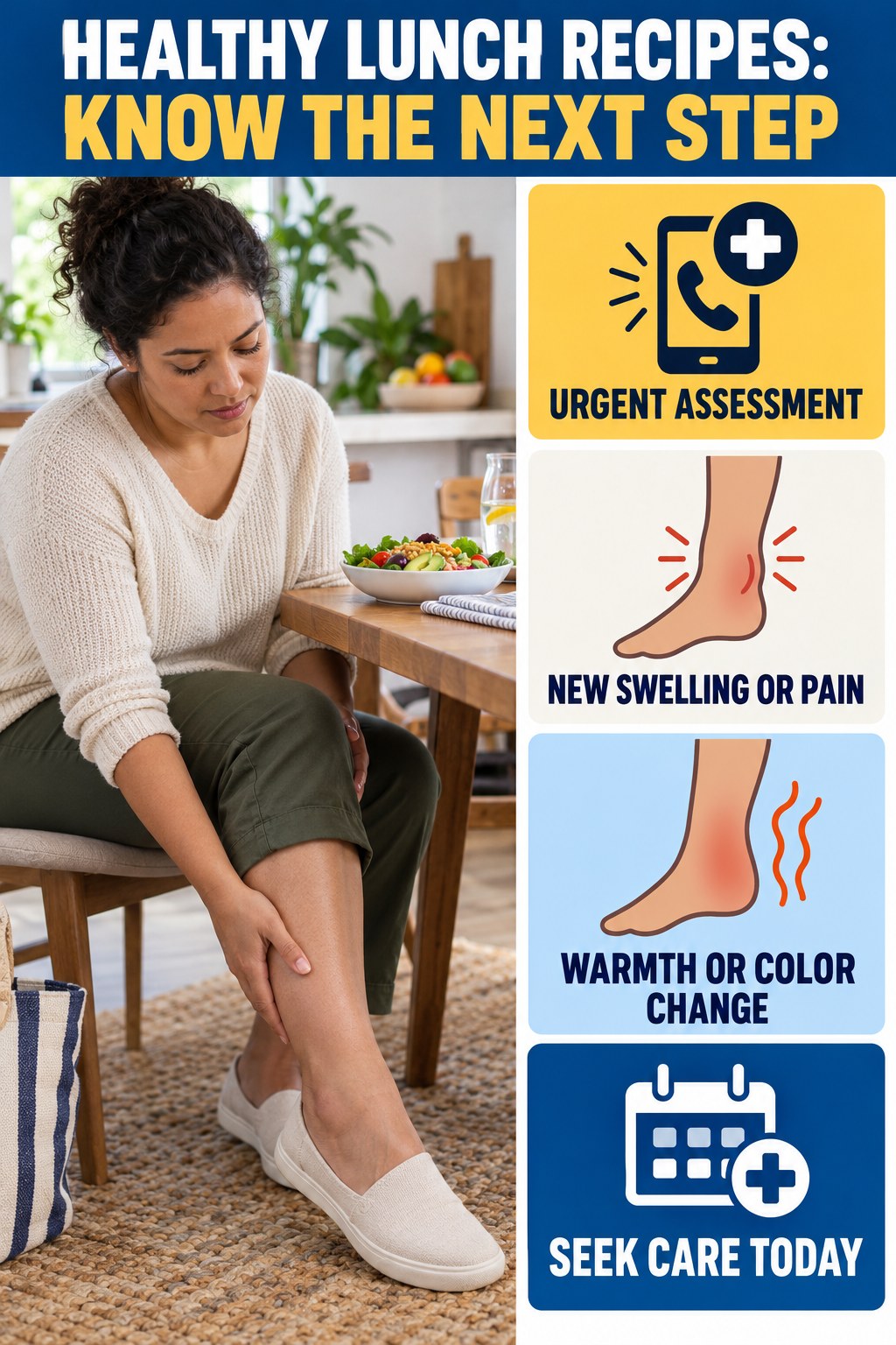 Urgent New Leg Changes infographic for Healthy Lunch Recipes, explaining vein-health warning signs and the appropriate next action without diagnosing a condition.
