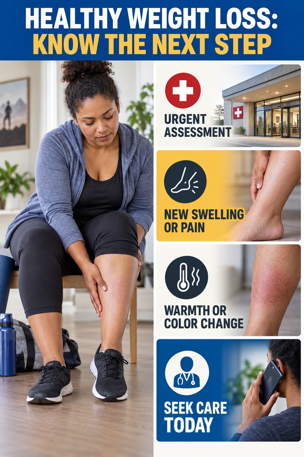 Urgent New Leg Changes infographic for Healthy Weight Loss, explaining vein-health warning signs and the appropriate next action without diagnosing a condition.