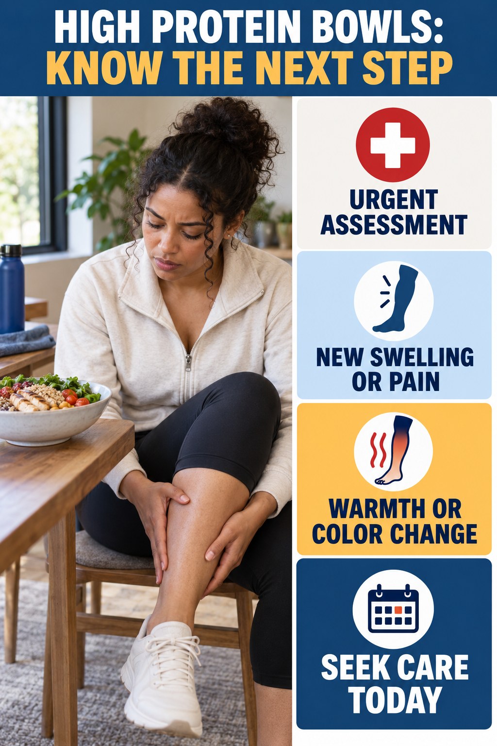 Urgent New Leg Changes infographic for High Protein Bowls, explaining vein-health warning signs and the appropriate next action without diagnosing a condition.