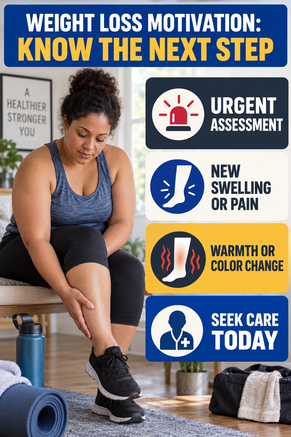 Urgent New Leg Changes infographic for Weight Loss Motivation, explaining vein-health warning signs and the appropriate next action without diagnosing a condition.