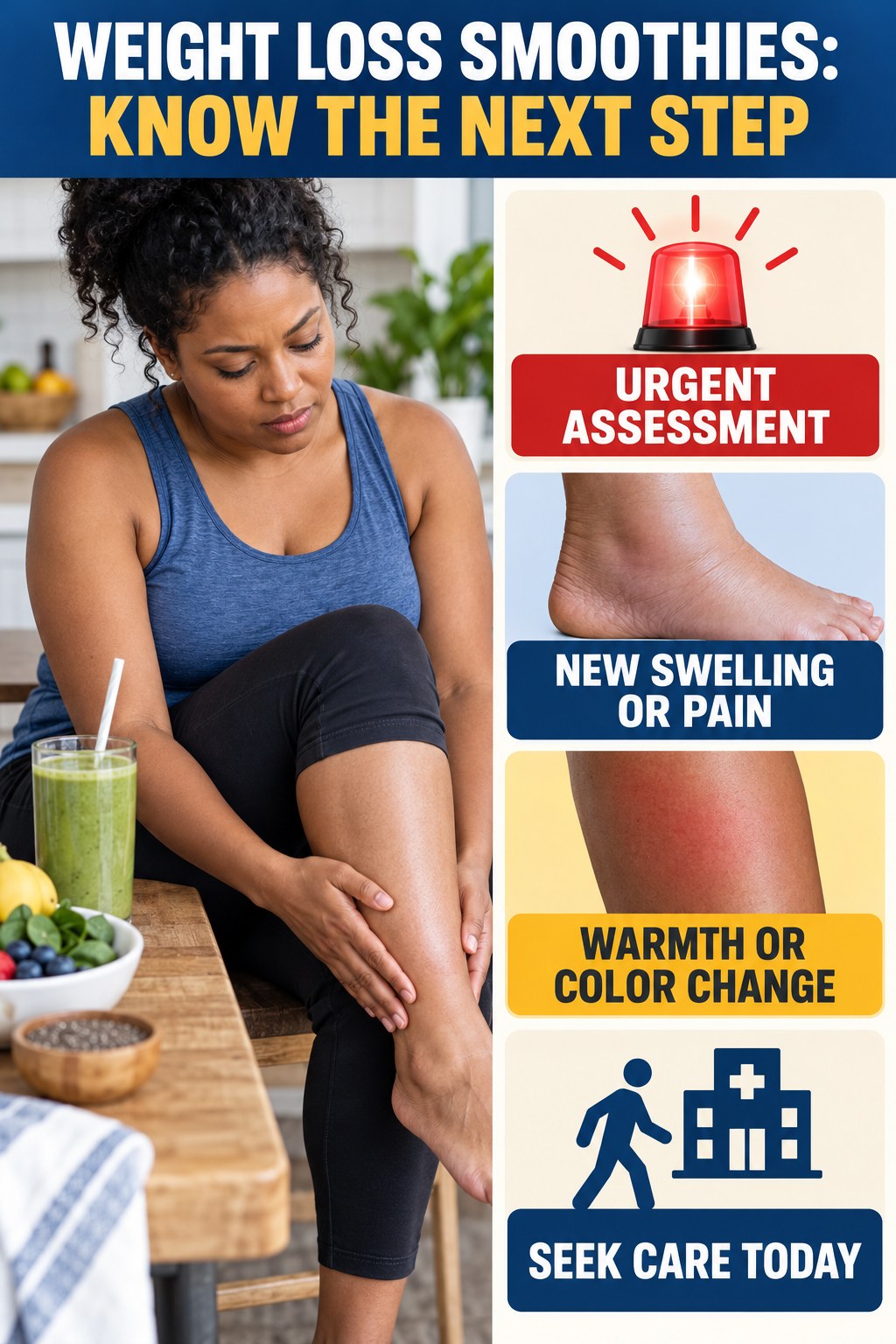 Urgent New Leg Changes infographic for Weight Loss Smoothies, explaining vein-health warning signs and the appropriate next action without diagnosing a condition.
