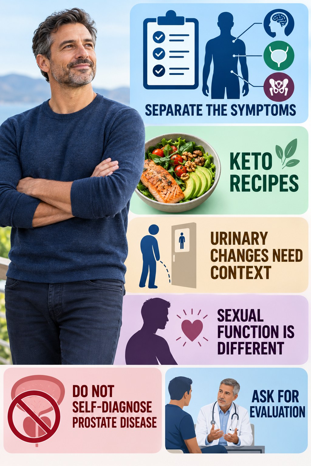 Urinary Symptoms and Sexual Symptoms Are Not Identical infographic for Keto Recipes with four concise, non-shaming sexual-health education points.