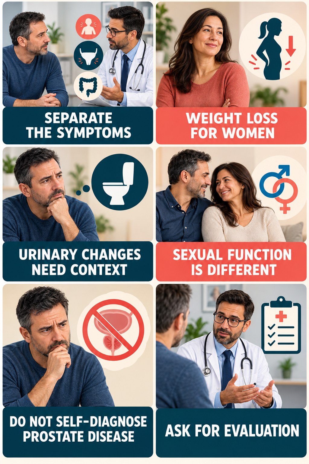 Urinary Symptoms and Sexual Symptoms Are Not Identical infographic for Weight Loss for Women with four concise, non-shaming sexual-health education points.