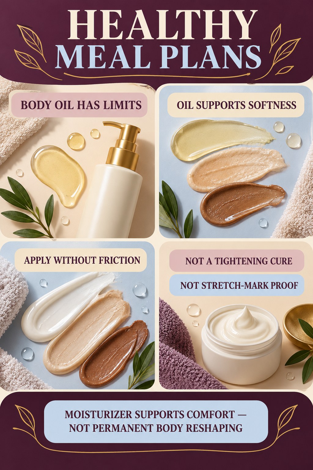 Use Body Oils With Realistic Expectations body-moisturization infographic for Healthy Meal Plans with four body-neutral comfort actions.