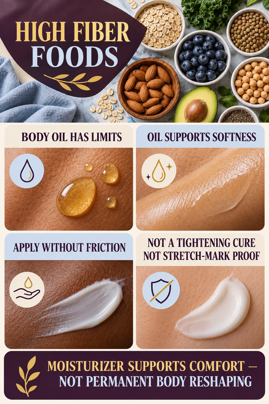 Use Body Oils With Realistic Expectations body-moisturization infographic for High Fiber Foods with four body-neutral comfort actions.