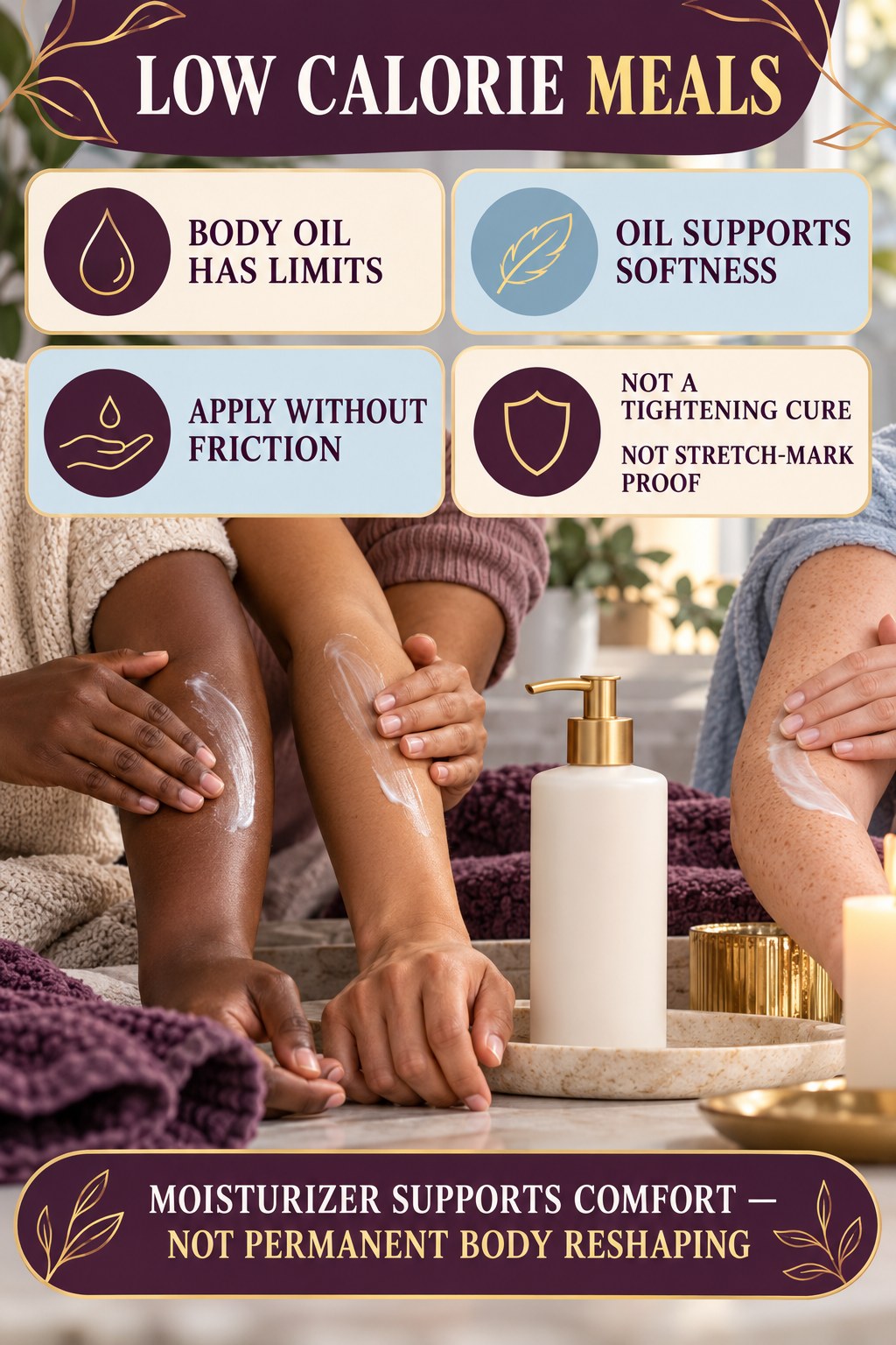 Use Body Oils With Realistic Expectations body-moisturization infographic for Low Calorie Meals with four body-neutral comfort actions.