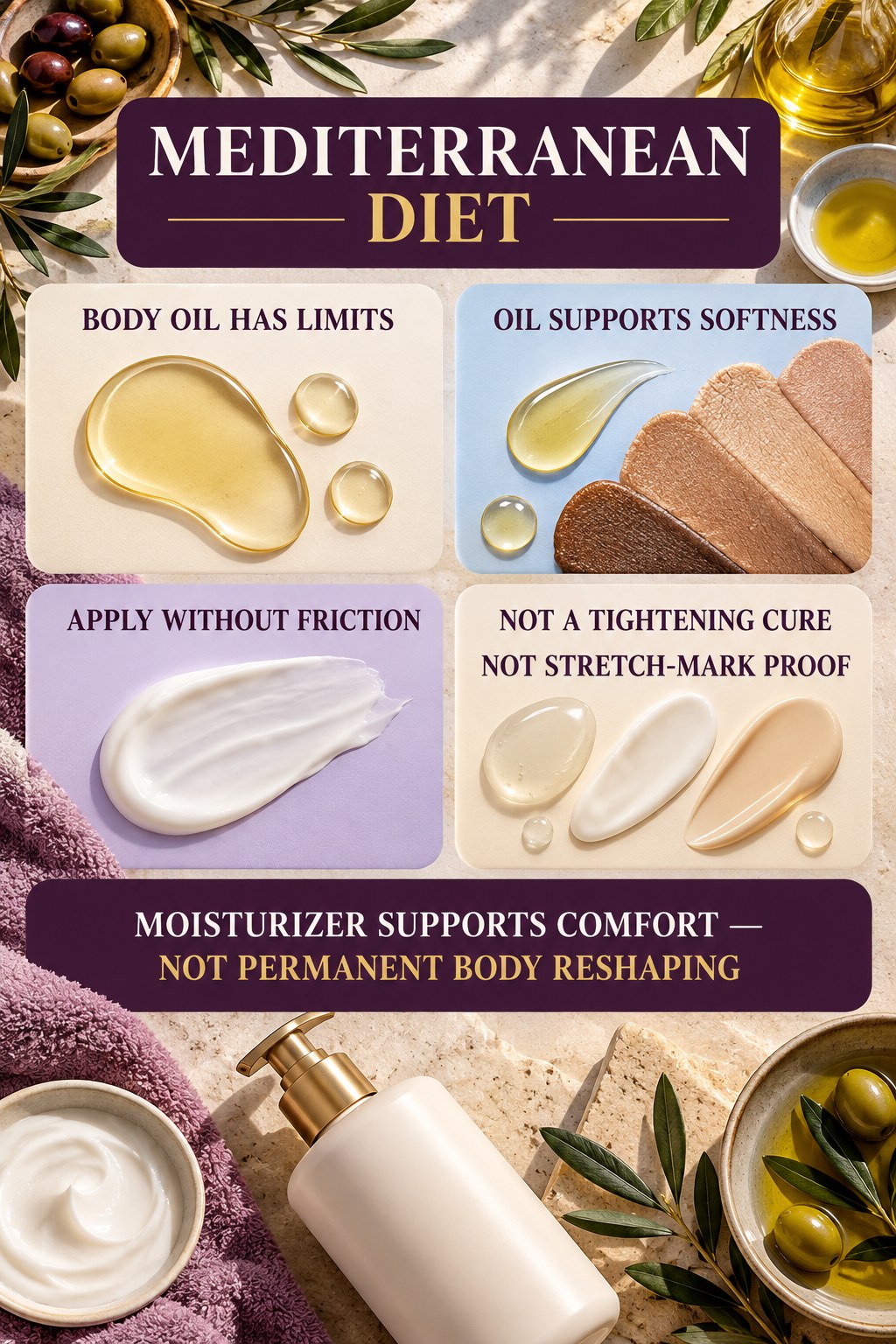 Use Body Oils With Realistic Expectations body-moisturization infographic for Mediterranean Diet with four body-neutral comfort actions.