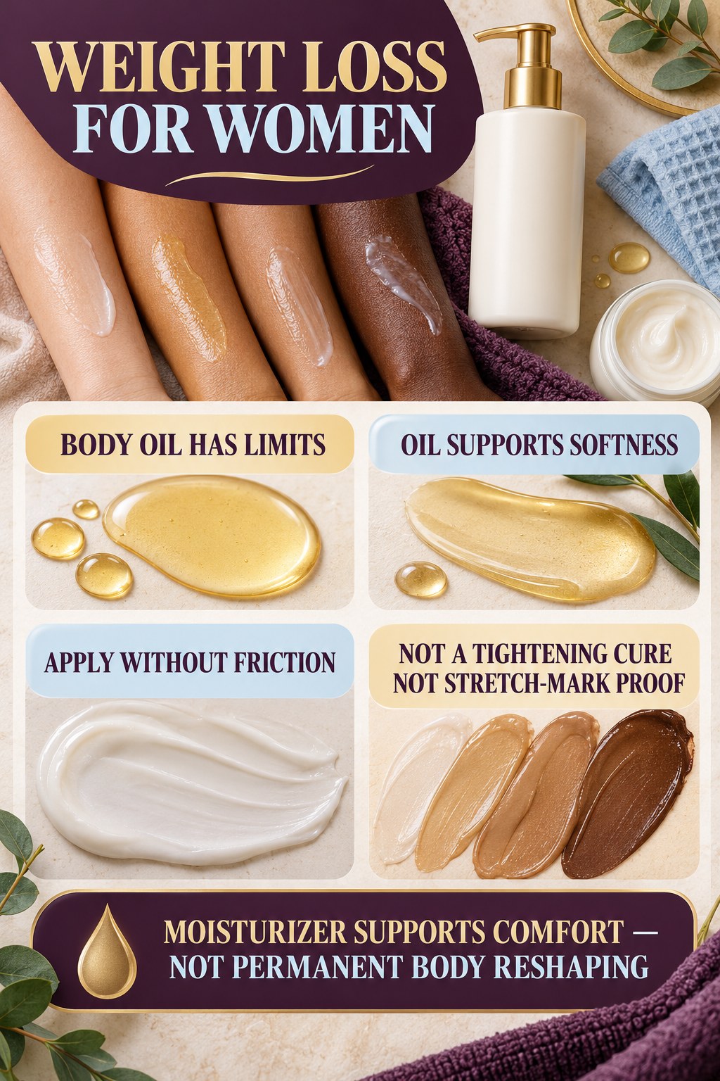 Use Body Oils With Realistic Expectations body-moisturization infographic for Weight Loss for Women with four body-neutral comfort actions.