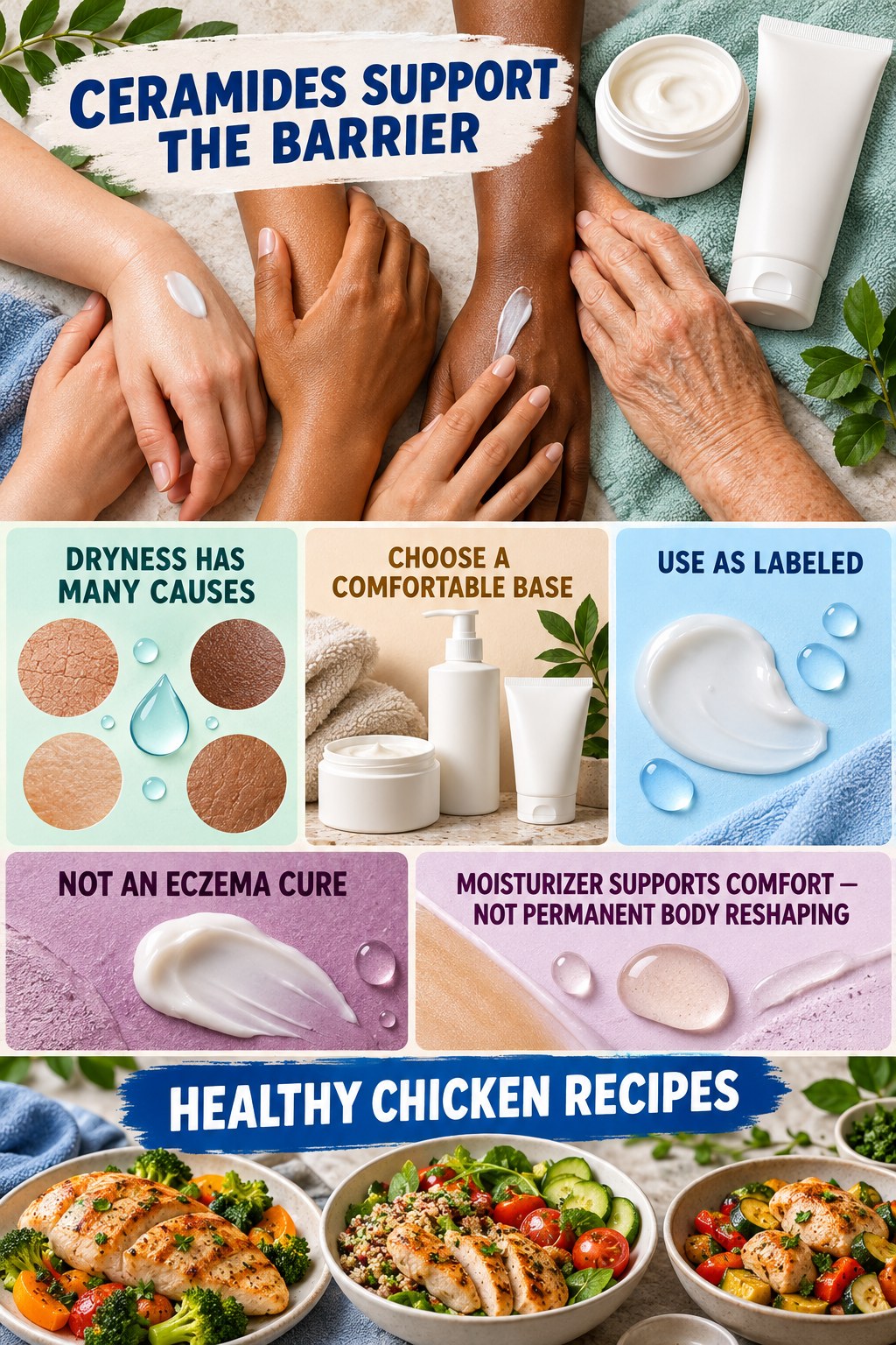 Use Ceramide Moisturizers for Barrier Support body-moisturization infographic for Healthy Chicken Recipes with four body-neutral comfort actions.