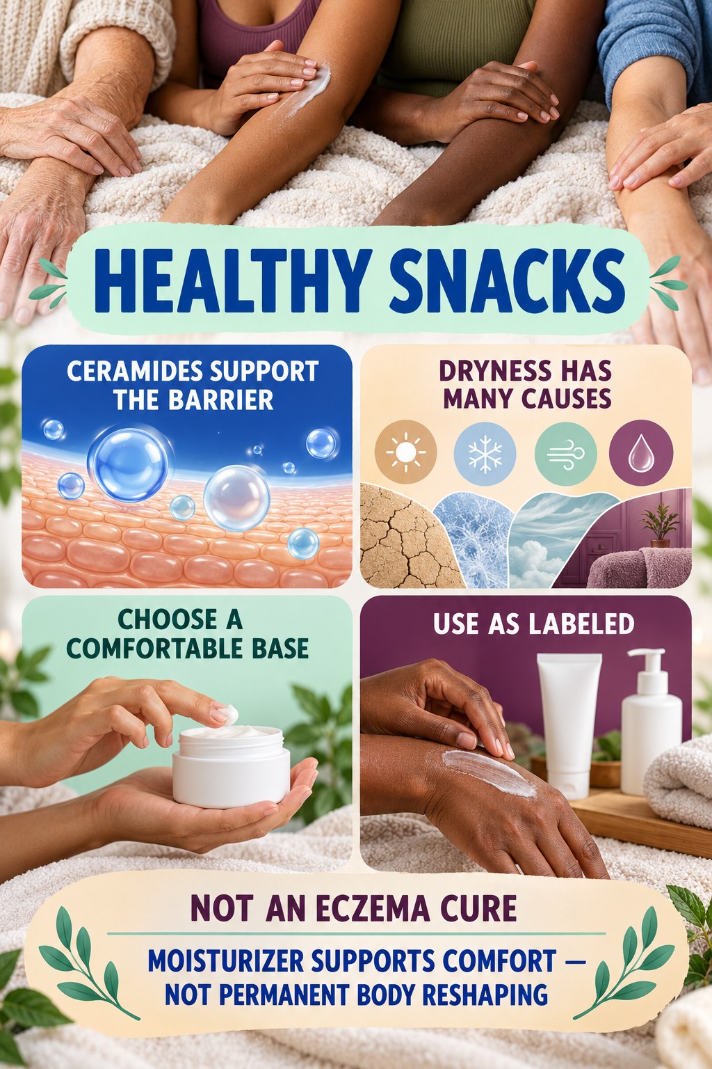 Use Ceramide Moisturizers for Barrier Support body-moisturization infographic for Healthy Snacks with four body-neutral comfort actions.