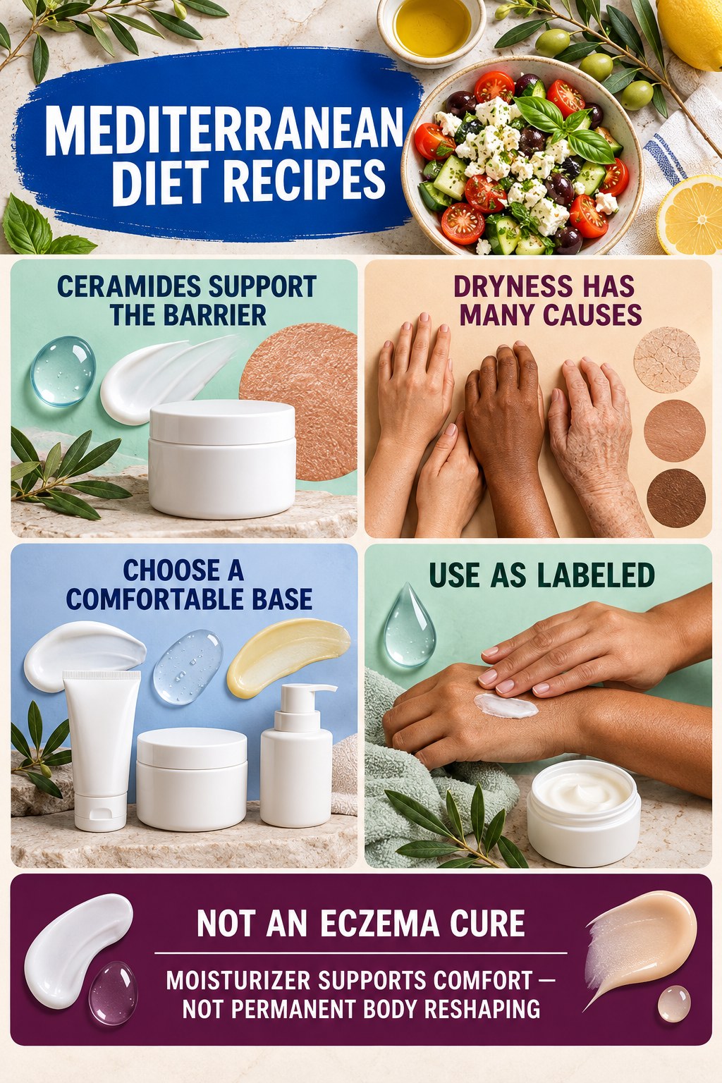 Use Ceramide Moisturizers for Barrier Support body-moisturization infographic for Mediterranean Diet Recipes with four body-neutral comfort actions.