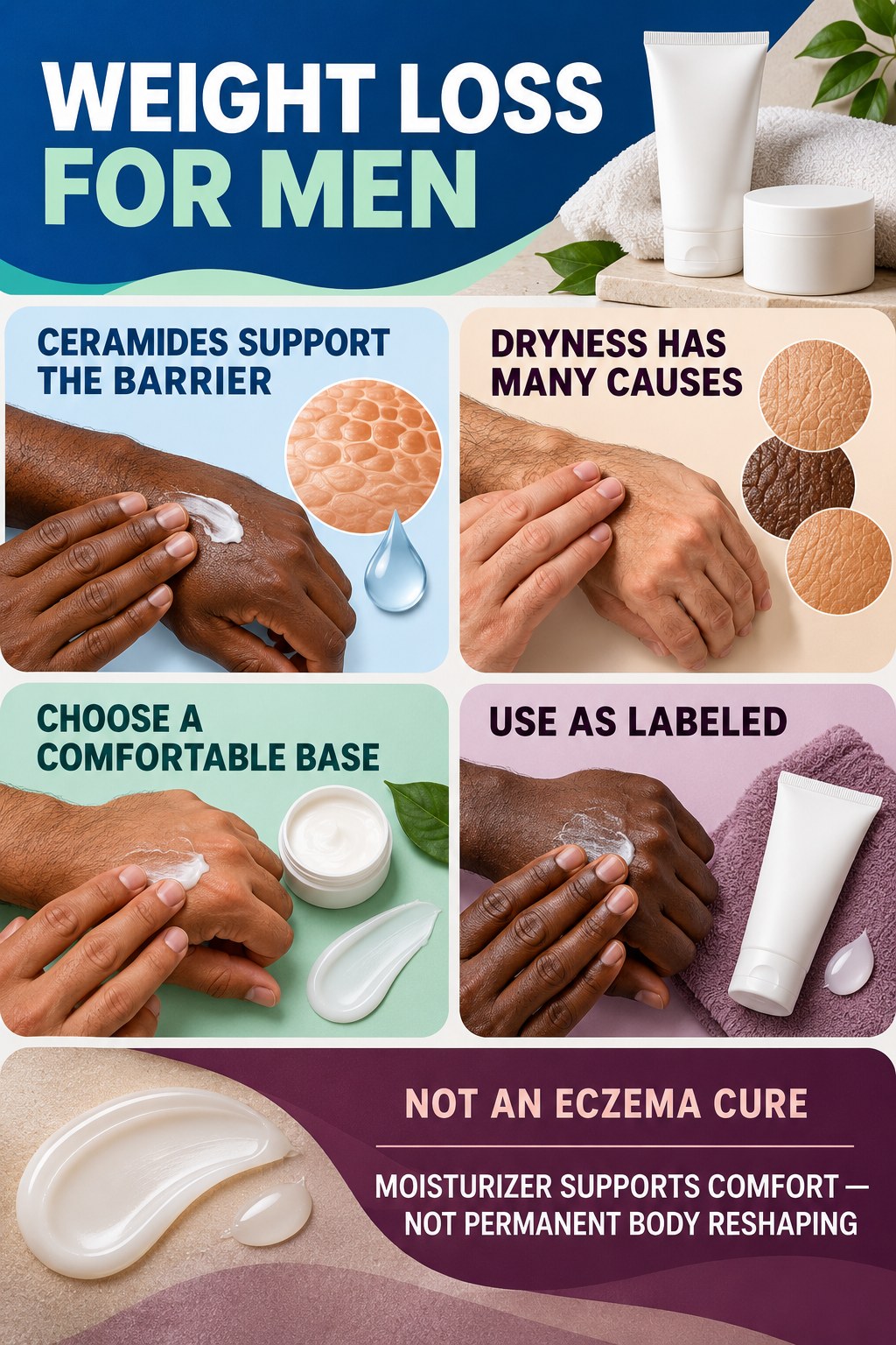 Use Ceramide Moisturizers for Barrier Support body-moisturization infographic for Weight Loss for Men with four body-neutral comfort actions.