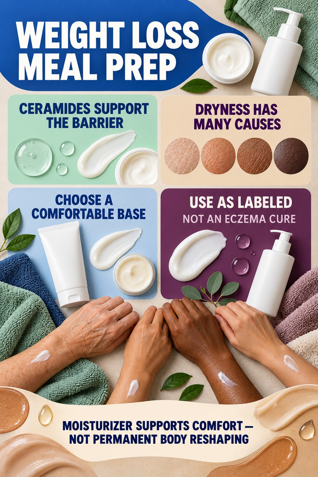 Use Ceramide Moisturizers for Barrier Support body-moisturization infographic for Weight Loss Meal Prep with four body-neutral comfort actions.