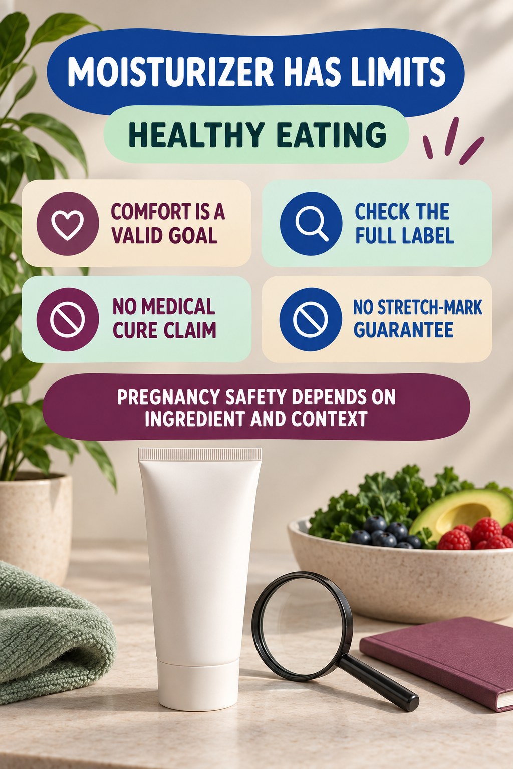 Use Ceramides and Moisturizers for Realistic Goals pregnancy skincare ingredient-question infographic for Healthy Eating with four careful label-review points.