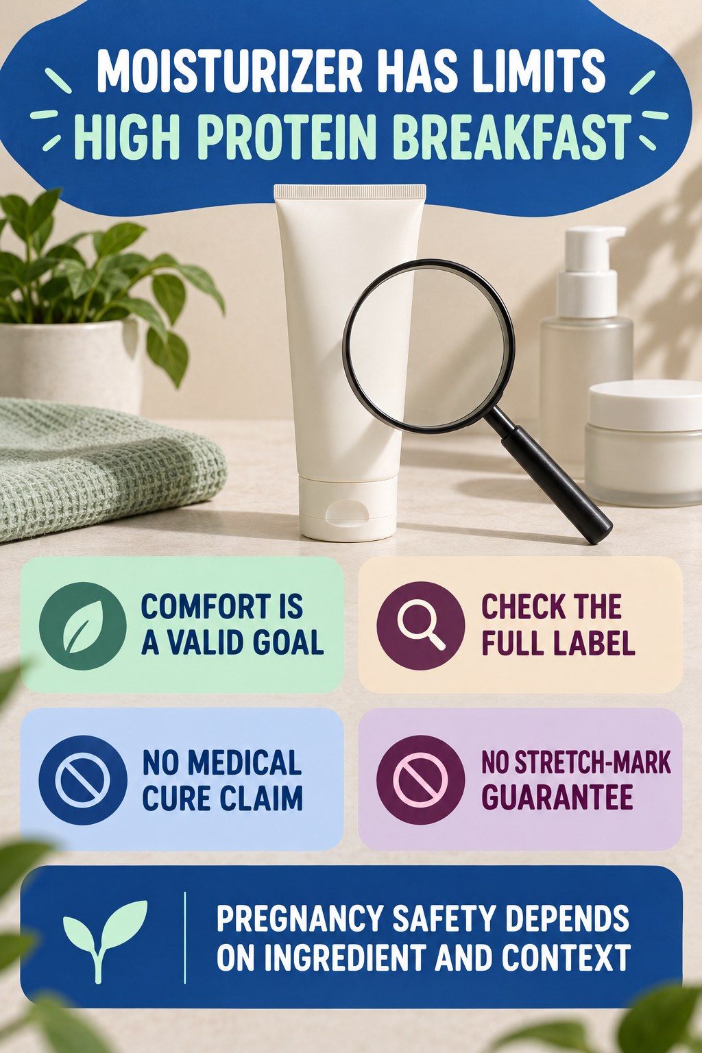 Use Ceramides and Moisturizers for Realistic Goals pregnancy skincare ingredient-question infographic for High Protein Breakfast with four careful label-review points.