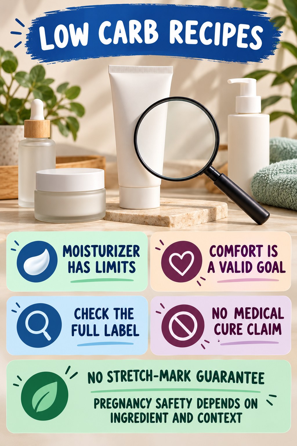 Use Ceramides and Moisturizers for Realistic Goals pregnancy skincare ingredient-question infographic for Low Carb Recipes with four careful label-review points.