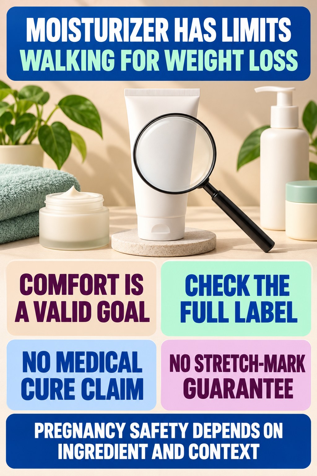 Use Ceramides and Moisturizers for Realistic Goals pregnancy skincare ingredient-question infographic for Walking for Weight Loss with four careful label-review points.