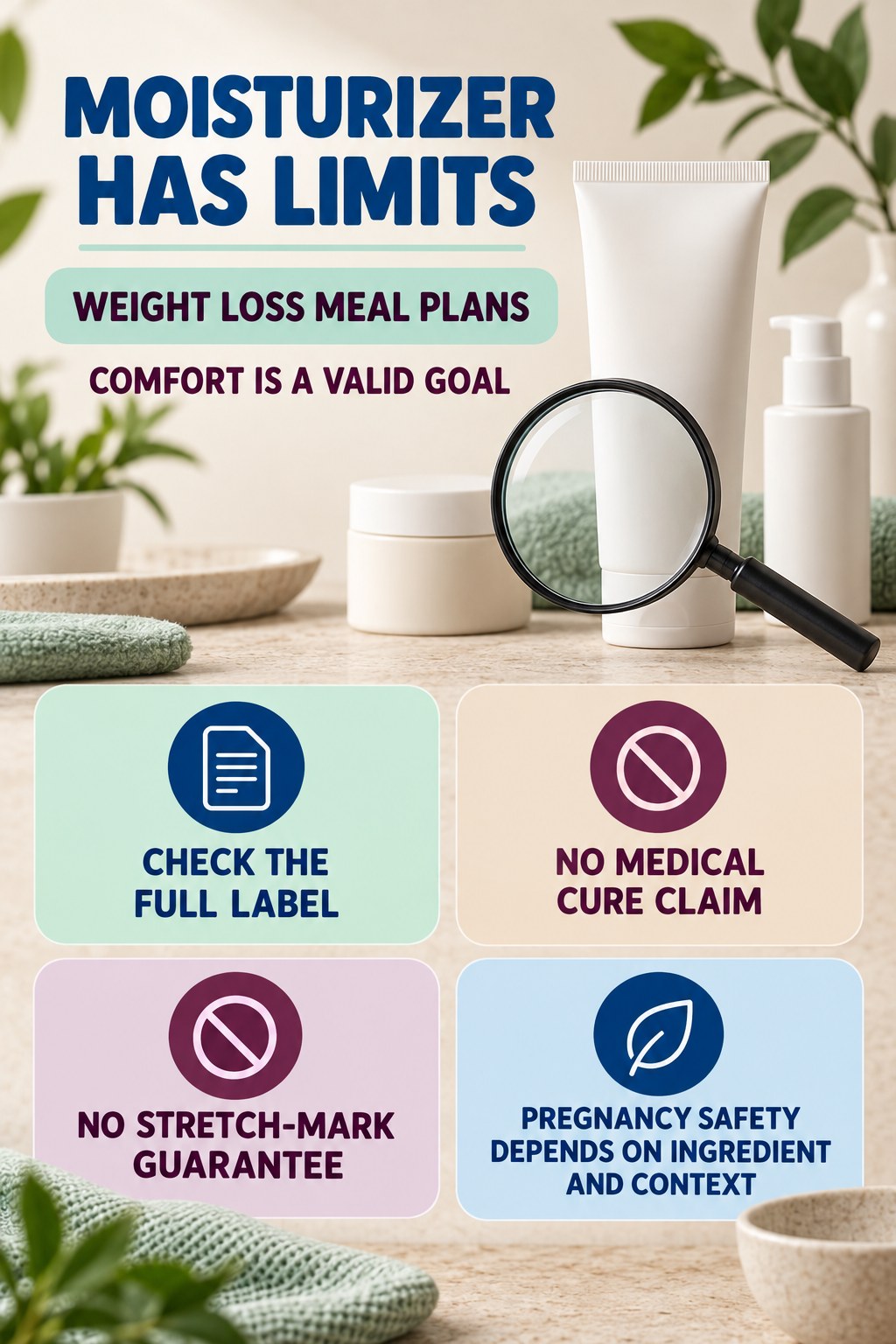Use Ceramides and Moisturizers for Realistic Goals pregnancy skincare ingredient-question infographic for Weight Loss Meal Plans with four careful label-review points.