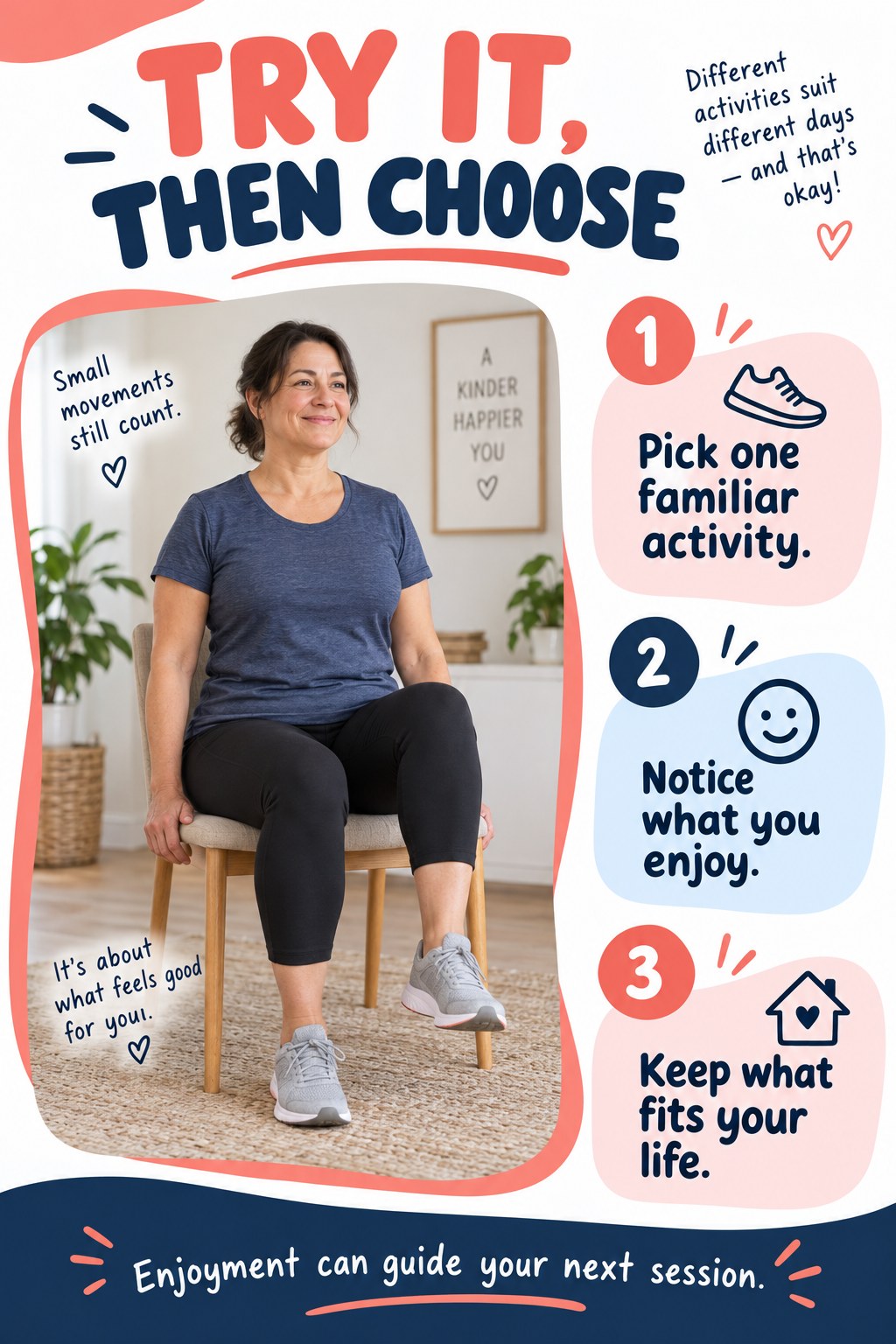 Woman practices seated marching beside three coral and navy notes about choosing enjoyable familiar activity.