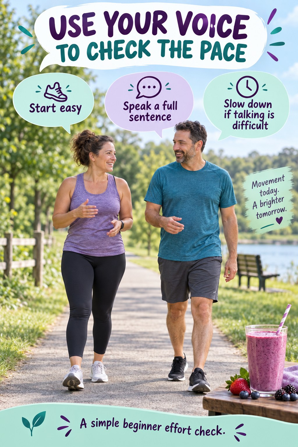 Two adults walk and talk on a level path beneath pace-check speech bubbles, with a smoothie shown separately.
