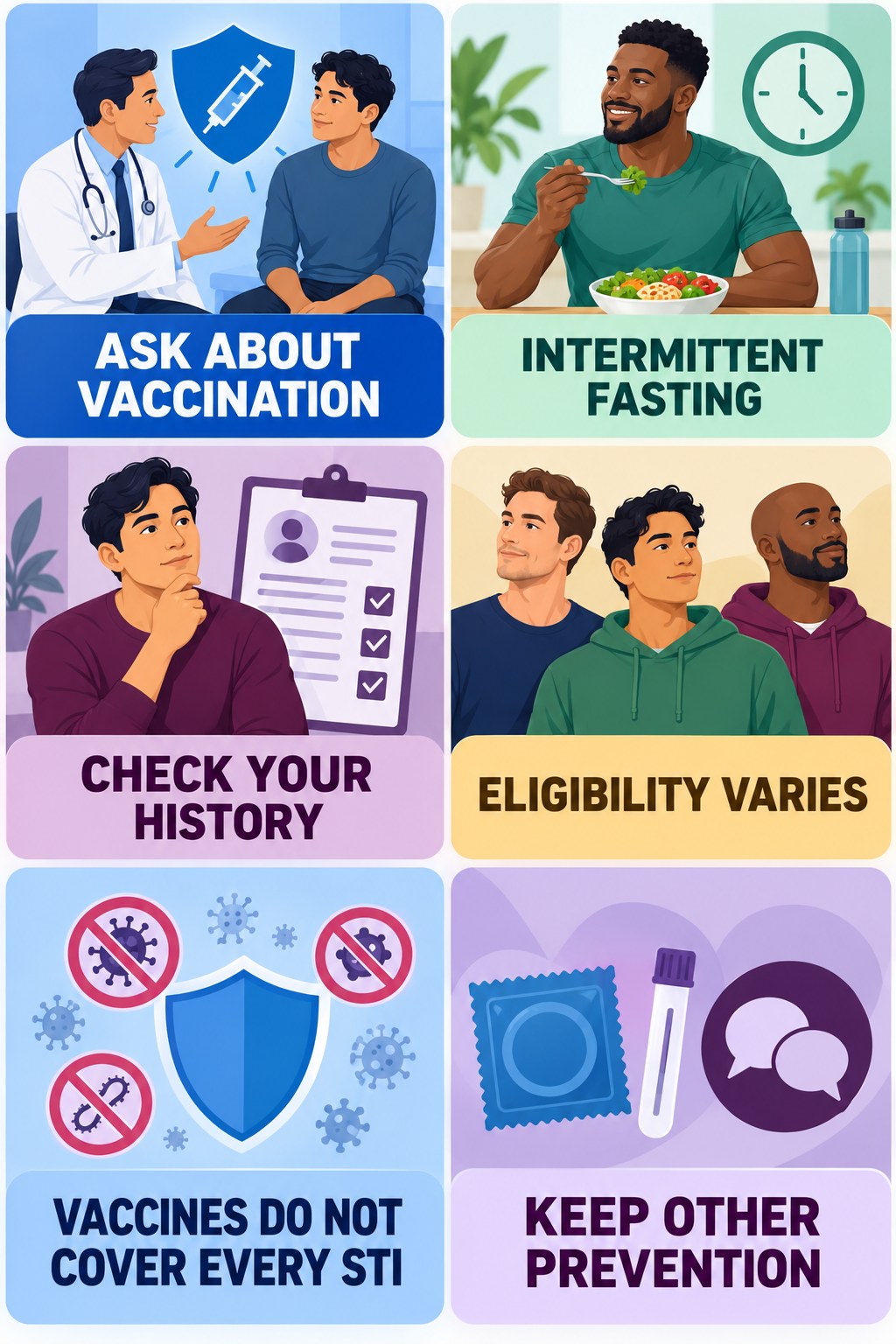 Vaccination Can Be Part of Sexual Health infographic for Intermittent Fasting with four concise, non-shaming sexual-health education points.