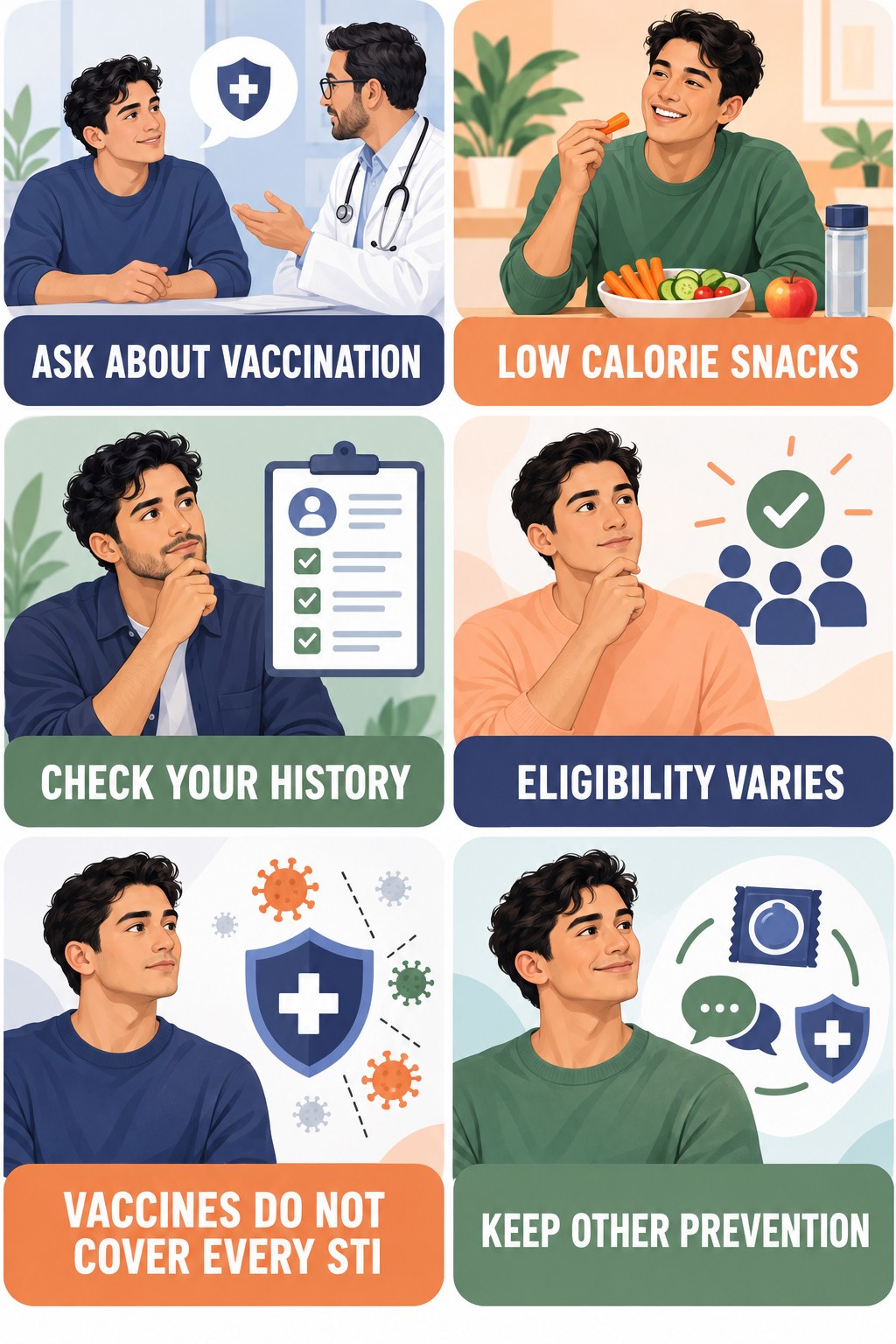 Vaccination Can Be Part of Sexual Health infographic for Low Calorie Snacks with four concise, non-shaming sexual-health education points.